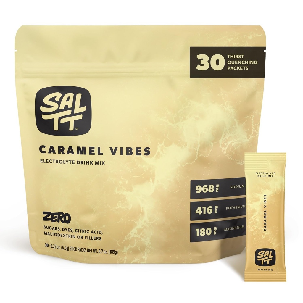 SALTT Electrolytes Powder Flavored Drink Mix - Caramel Vibes - 30 Hydration Pakker - Magnesium, kalium, natrium, trace mineraler - Zero Sugar & Gluten Free - Rejse Essentials