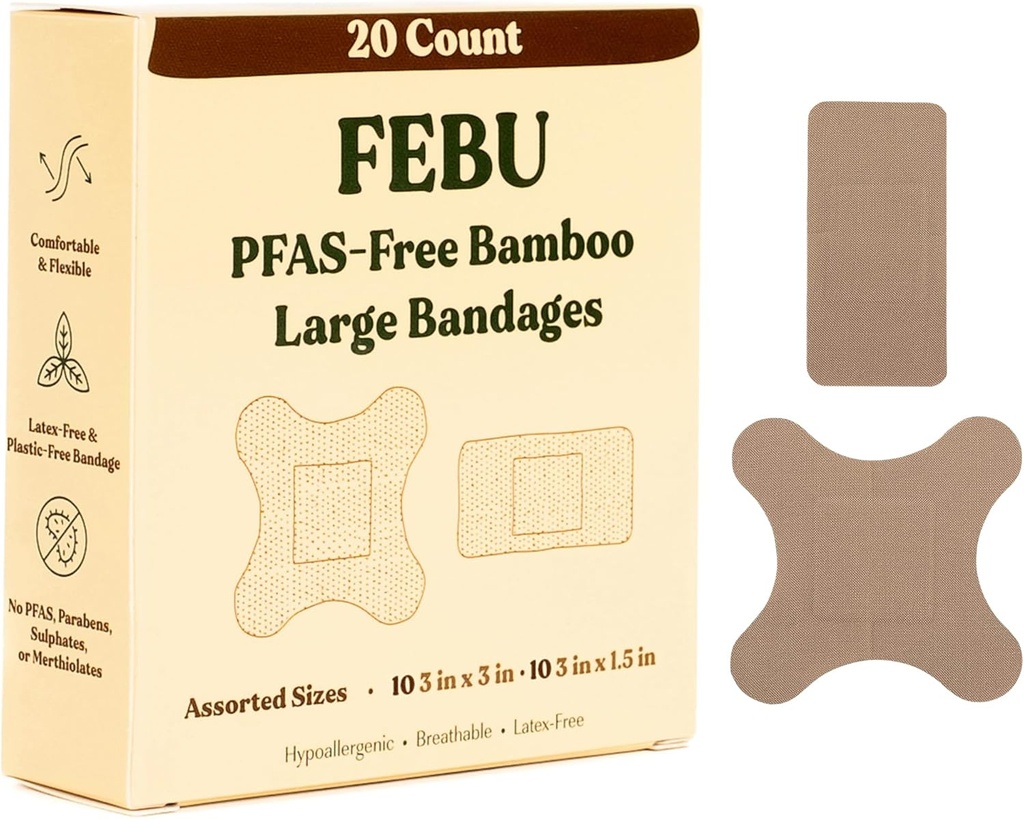 FEBU Økologisk venlige store Bamboo Bandage Budd124; PFAS Gratis Bandages til Scrapes & Cuts