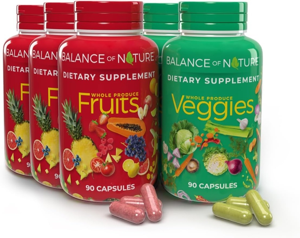 Balance of Nature Hele fødevarer supplement med frugt og vegetabilske ingredienser til kvinder, mænd og børn - 90 kapsler, 3 sæt