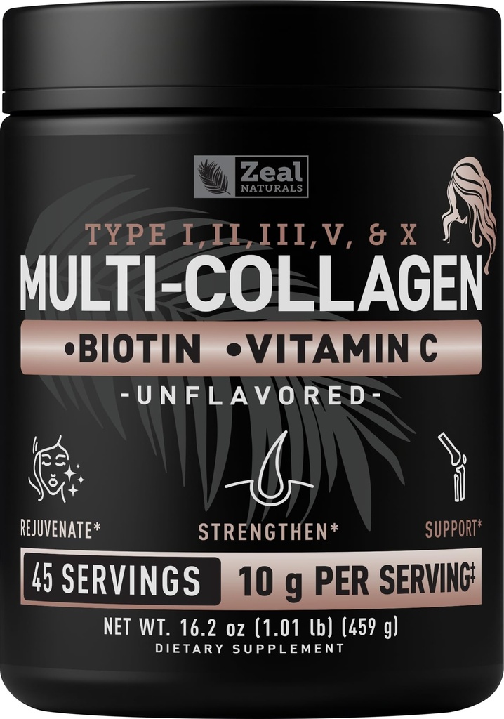 Premium Multi Collagen Peptider Protein Powder (1, 2, 3, 5 & 10) med C-vitamin, biotin, hyaluronsyre, til hårhud og negle - Marine, Bovine, Chicken & Eggshell (Unflavored, 45 Servere)