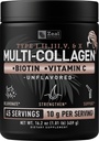 Premium Multi Collagen Peptider Protein Powder (1, 2, 3, 5 & 10) med C-vitamin, biotin, hyaluronsyre, til hårhud og negle - Marine, Bovine, Chicken & Eggshell (Unflavored, 45 Servere)