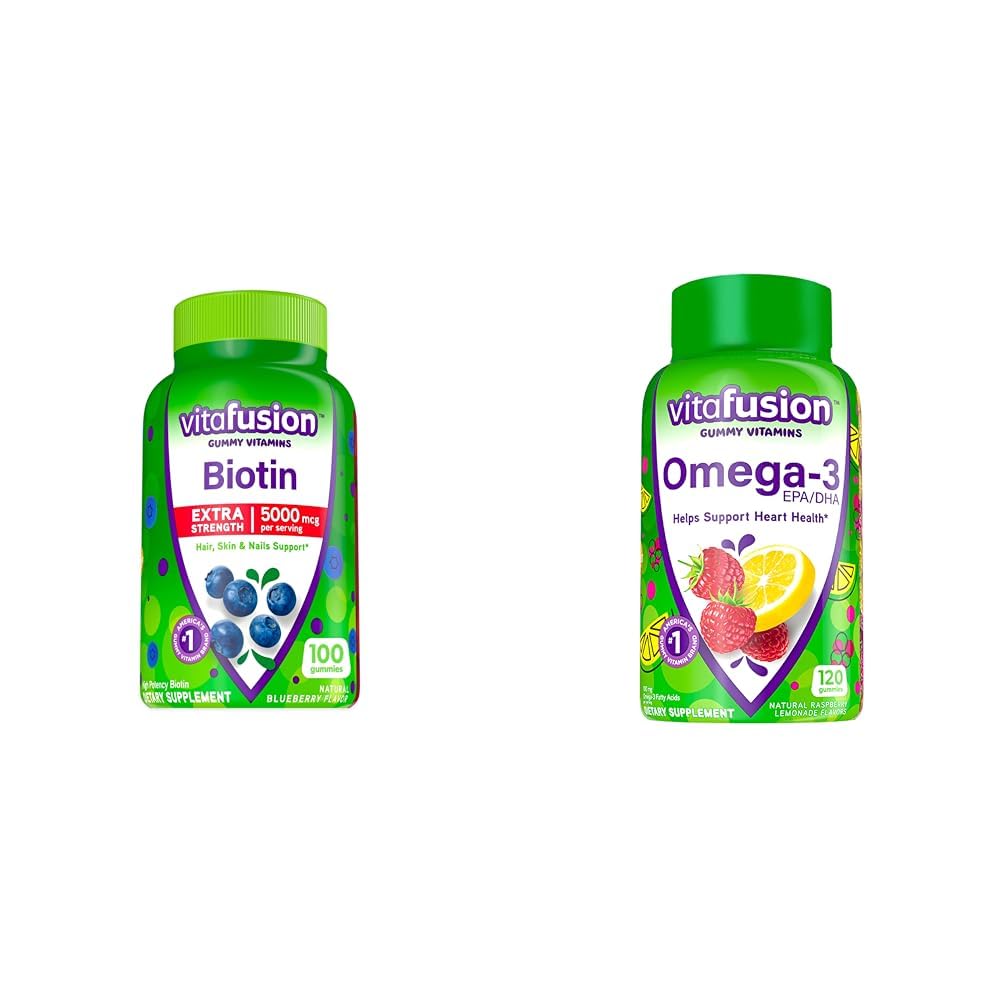 Viafusion Extra Strength Biotin Gummy Vitamin, Berry Flavored, 5.000 mcg Biotin Vitamin, America '& Omega-3 Gummy Vitamin, Berry Lemonade Flavored, Heart Health Vitamin (1)