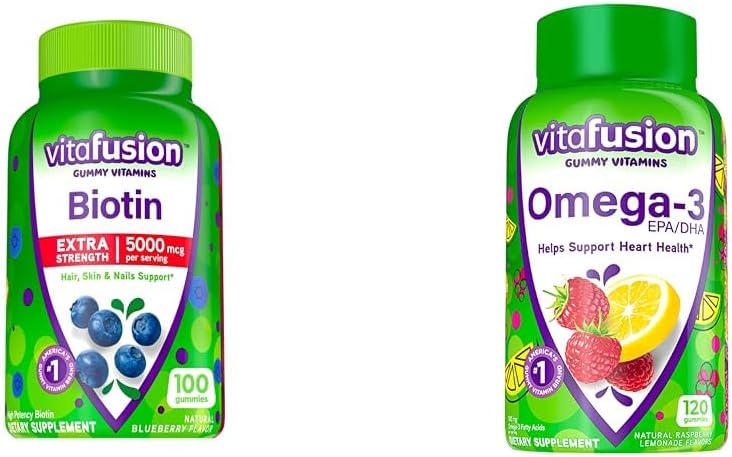 Viafusion Extra Strength Biotin Gummy Vitamin, Berry Flavored, 5.000 mcg Biotin Vitamin, America '& Omega-3 Gummy Vitamin, Berry Lemonade Flavored, Heart Health Vitamin (1)