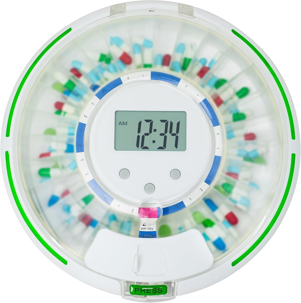Automatic Pill Dispenser with Flashing Light, Sound, Alarm and Safety Lock, 28-Day Electronic Medication Organizer – Dispense Vitamins and Tablets Up 6 Times/Day – Easy Read Display (Frosted)