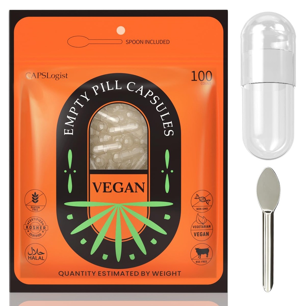 Empty Pill Capsules Size 0, (100 Count) Bundle with Micro Lab Spoon, Empty Capsules Vegetarian Clear Fillable Veggie Pill Capsules 0 for Making Your Own Supplements