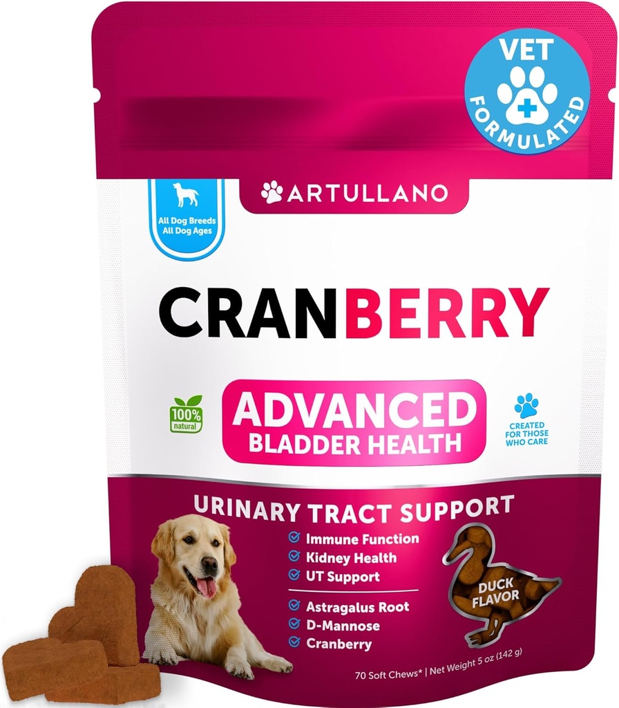 Dog UTI Treatment - Cranberry Supplement & Bladder Control for Dogs - Urinary Tract Infection Incontinence Pill, Bladder Stones - UTI Medicine Treats - 70 Soft Chews for Kidney Support with Fish Oil