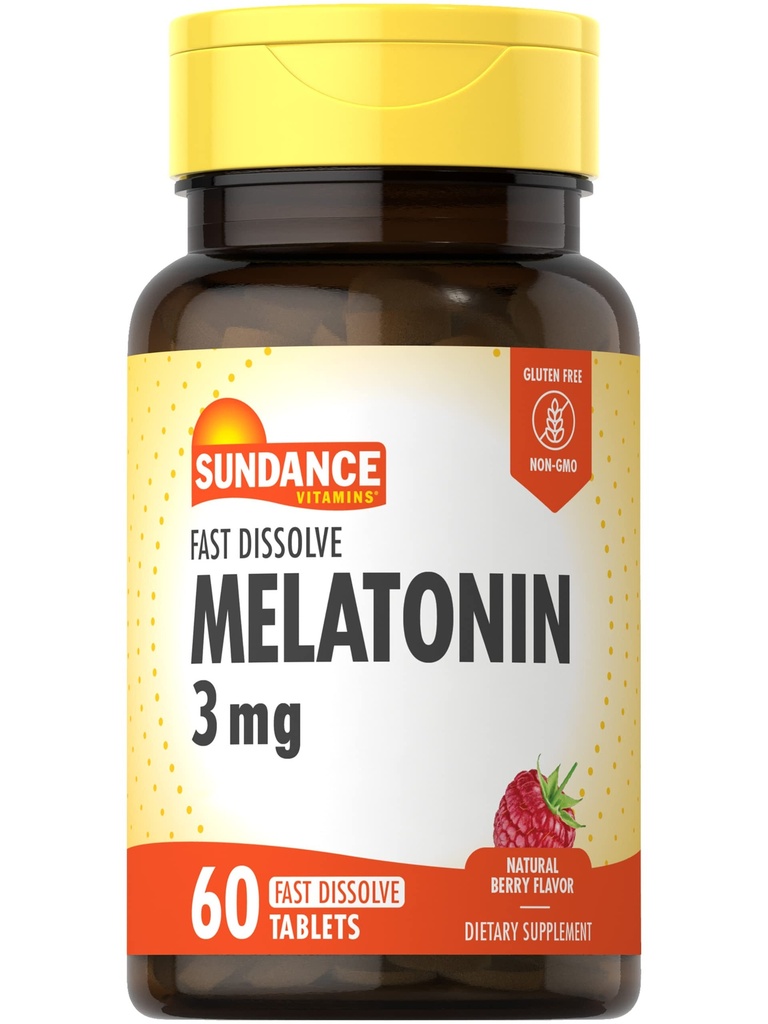 Sundance Melatonin 3 mg Fast Opløs • 124; 60 Vegetariske tabletter • 124; Natural Berry Flavor • 124; Vegetarisk, ikke- GMO og Gluten Free Supplement