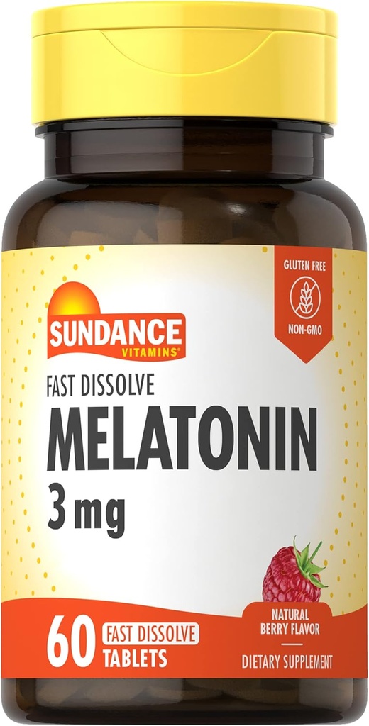 Sundance Melatonin 3 mg Fast Opløs • 124; 60 Vegetariske tabletter • 124; Natural Berry Flavor • 124; Vegetarisk, ikke- GMO og Gluten Free Supplement