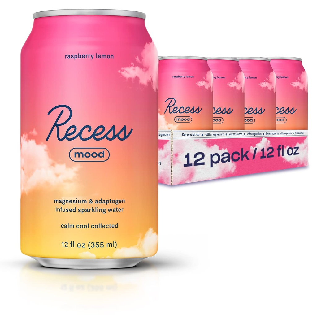 Recess Mood Magnesium & Adaptogen Drik, Opkalkning Afslapning Drikkevarer, 12 Unse (Raspberry Lemon, 12 pakke)