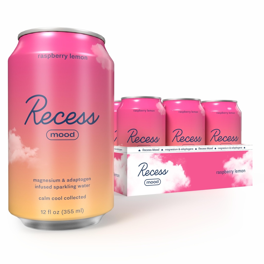 Recess Mood Magnesium & Adaptogen Drik, Opkalkning Afslapning Drikkevarer, 12 Unse (Raspberry Lemon, 12 pakke)