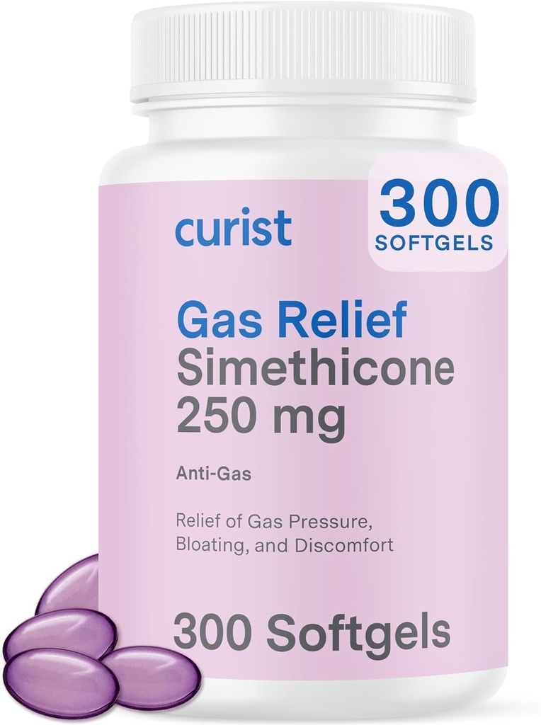 Curist Gas Relief Simeticone 250 mg Softgels (300 Tæl) - fordøjelseslindring, Bloating Relief & Anti Flatulence Gas Pills for voksne aids Gas og Bloating Relief (300 Soft Gels)
