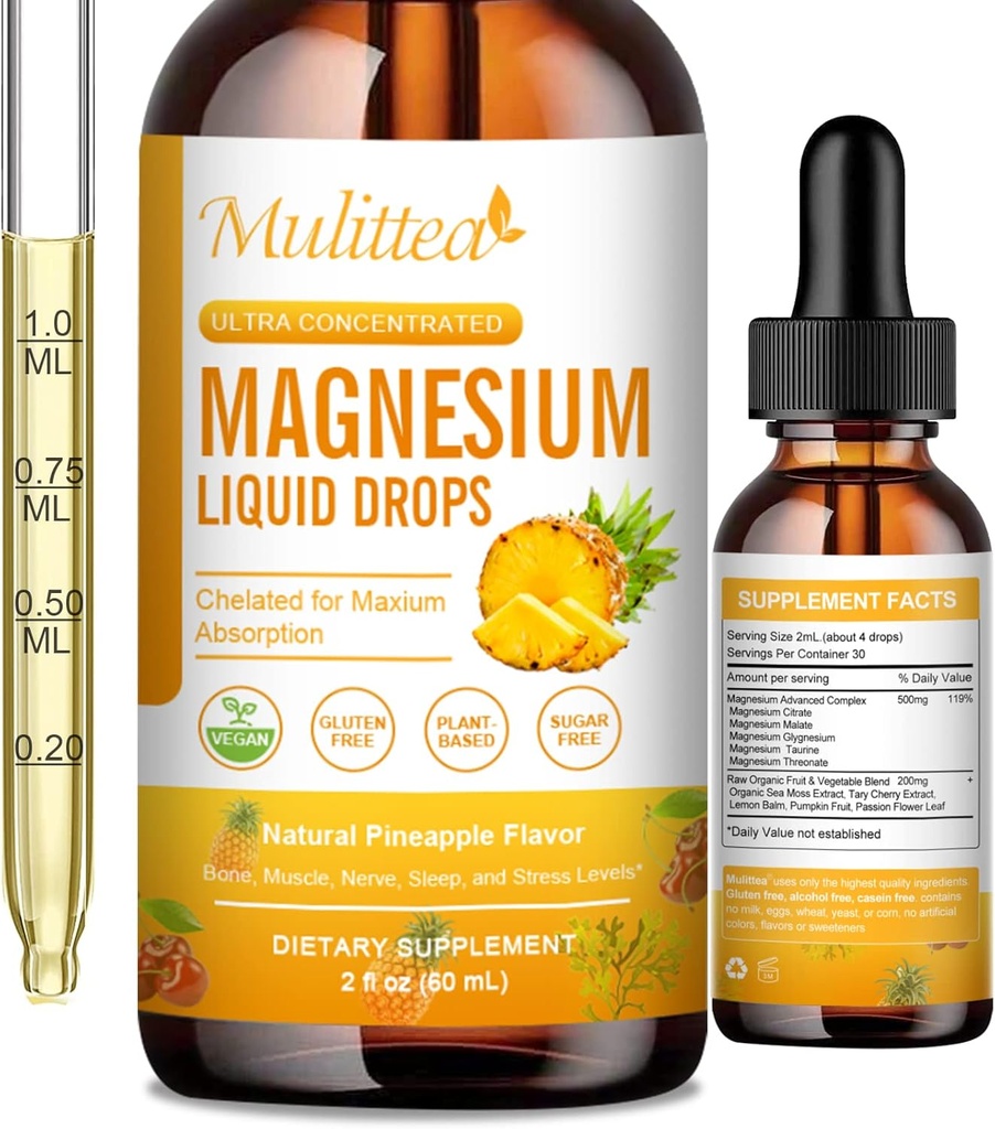 Magnesium 500mg flydende dråber - Høj Absorption 5- in-1 Magnesiumkompleks tillæg med glycinat, malat, citrat, Taurat - for ben, muskler, nerver & energi - Vegansk formel, sukkerfri, 2 Fl.oz