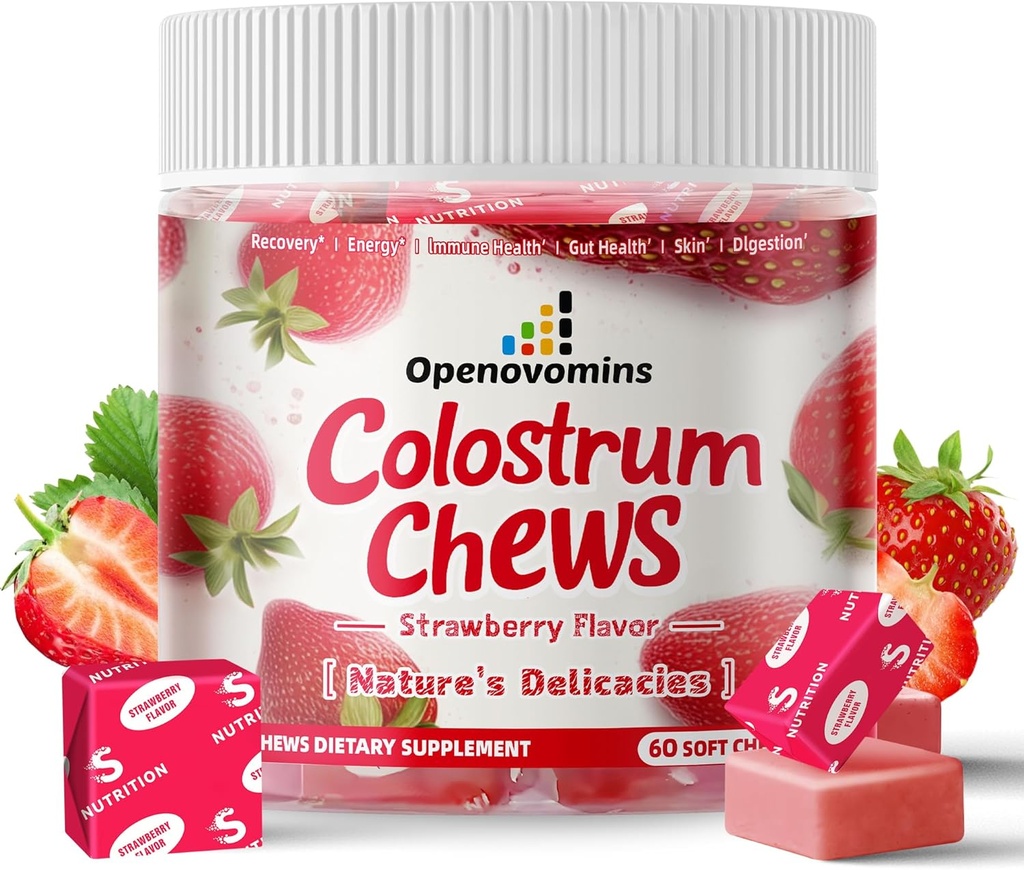 Bovin Colostrum Soft Chews Supplement med probiotika til Gut Sundhed, Bloating, immunforsvar, hud, hårvækst og skønhed - Strawberry Flavor (60 Servering)