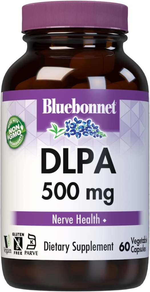 Bluebonnet Nutrition DLPA (DL- Phenylalanin) 500mg, Free- Form Aminosyre, for Nervesystemet Support, Soy- Free, Gluten- Free, Non- GMO, Kosher, Vegan, 60 Vegetabilske kapsler