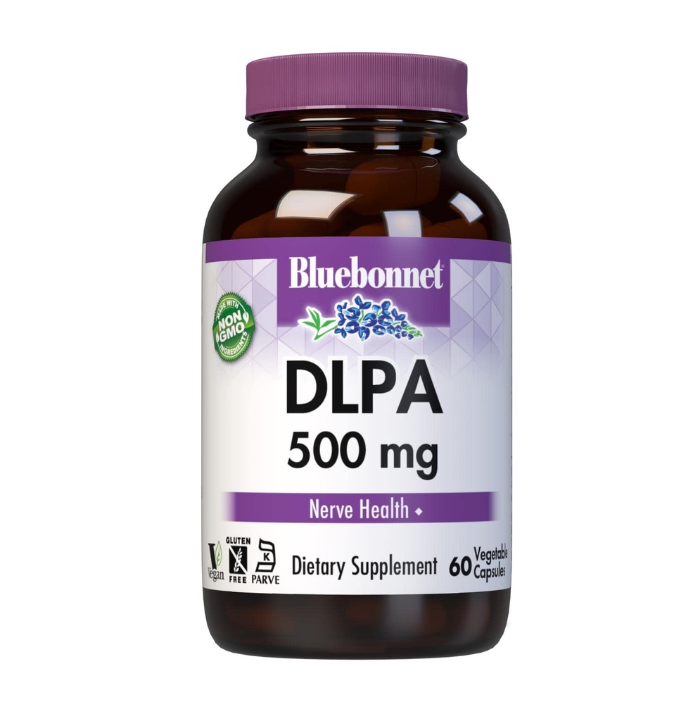 Bluebonnet Nutrition DLPA (DL- Phenylalanin) 500mg, Free- Form Aminosyre, for Nervesystemet Support, Soy- Free, Gluten- Free, Non- GMO, Kosher, Vegan, 60 Vegetabilske kapsler