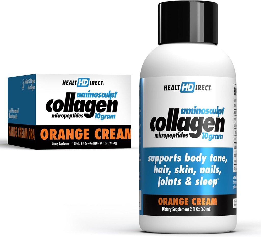 SUNDHEDSDIRECT - Medical- Grade flydende kollagen shots - Aminoshipt Sugar- Free - Orange Cream - 12 Servere, (12pk, 2oz shots) - Godt for Joints, Bones, & Sleep - bedre hår, hud og negle