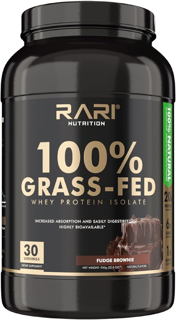 Whey Protein Isolate Powder - 100% Grass Fed, 20g Protein, 5g BCAA, 20 Servere, Fudge Brownie Flavor