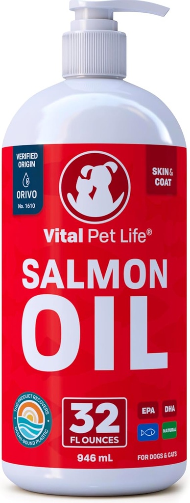 Lakseolie til hunde og katte - Sund hud & Coat, Fish Oil, Omega 3 EPA DHA, flydende kosttilskud til kæledyr, Alle naturlige, understøtter fælles & ben sundhed, naturlige allergier og inflammation forsvar, 32 oz