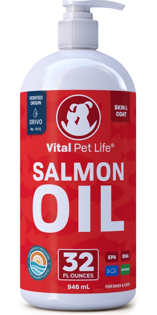 Lakseolie til hunde og katte - Sund hud & Coat, Fish Oil, Omega 3 EPA DHA, flydende kosttilskud til kæledyr, Alle naturlige, understøtter fælles & ben sundhed, naturlige allergier og inflammation forsvar, 32 oz