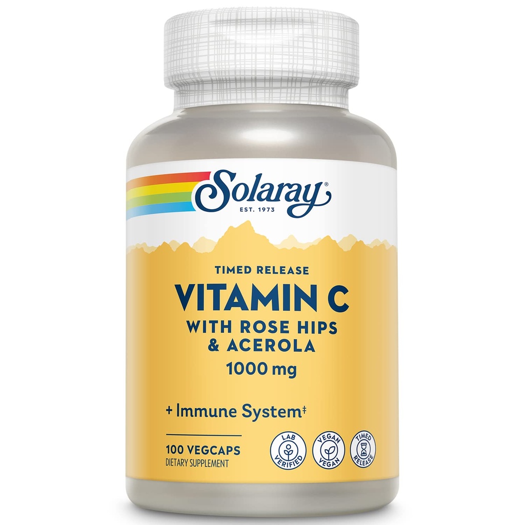 SOLARAY C-vitamin 1000mg - tidsfrigivelse C-vitamin kapsler w / Rose HIPS og Acerola til Bioflavonoid Support - Two-Stage, All- Day immunsupport - Vegan, 60 Day Garanti, 100 Servere, 100 VegCaps