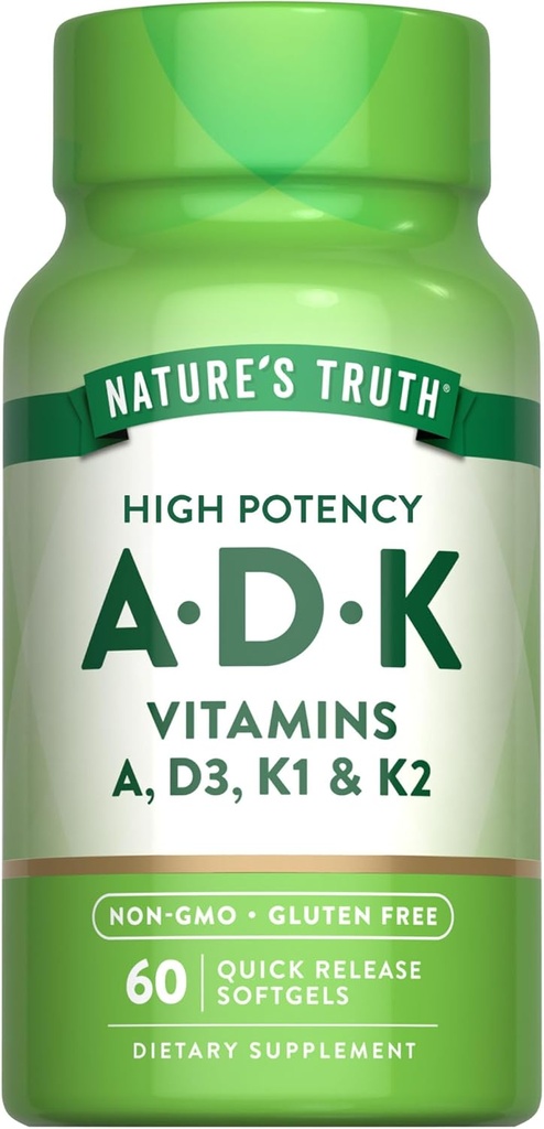 Nature 's Truth Vitamin ADK er 124; 60 Softgels er 124; høj styrke af vitamin A, D3, K1 & K2 er 124; Non- GMO & Gluten Free Supplement