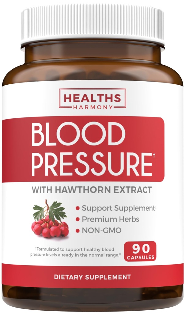 Blood Pressure Support Supplement (NON- GMO) Premium naturlige urter, vitaminer & bær - Høj dosering af Hawthorn Berry ekstrakt - Understøtter blodtryksniveauer allerede i det normale område - 90 kapsler