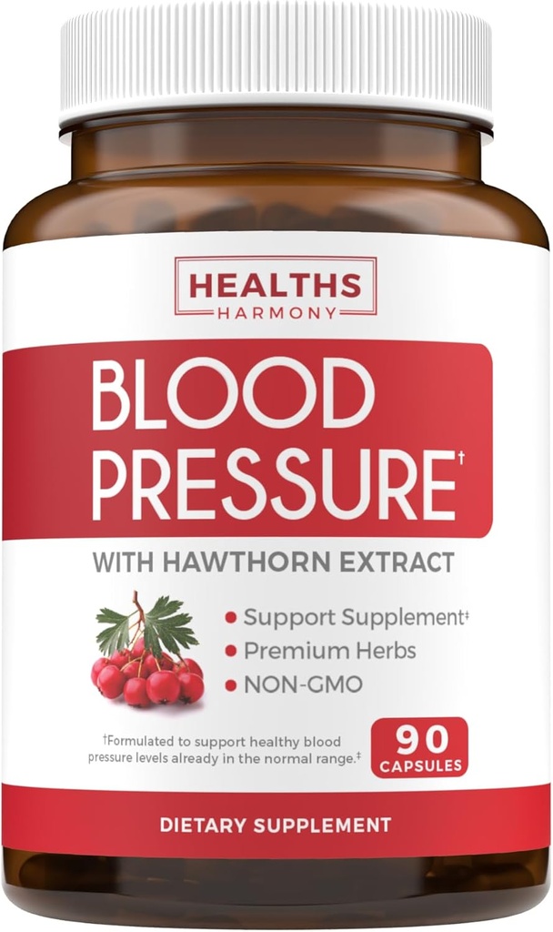 Blood Pressure Support Supplement (NON- GMO) Premium naturlige urter, vitaminer & bær - Høj dosering af Hawthorn Berry ekstrakt - Understøtter blodtryksniveauer allerede i det normale område - 90 kapsler
