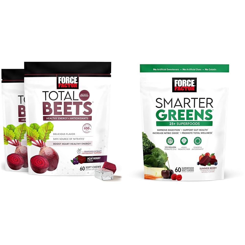 Kraftfaktor Total Beets Soft Chews med Beetroot, Grapeekstrakt, Antioxidanter, Nitrater, L- Citrullin, 120 Greve, 2-Pack og Smarter Green Superfood Chews med 25 + Superfood, Probiotika, Antioxidanter, og Fiber, 60 Greve