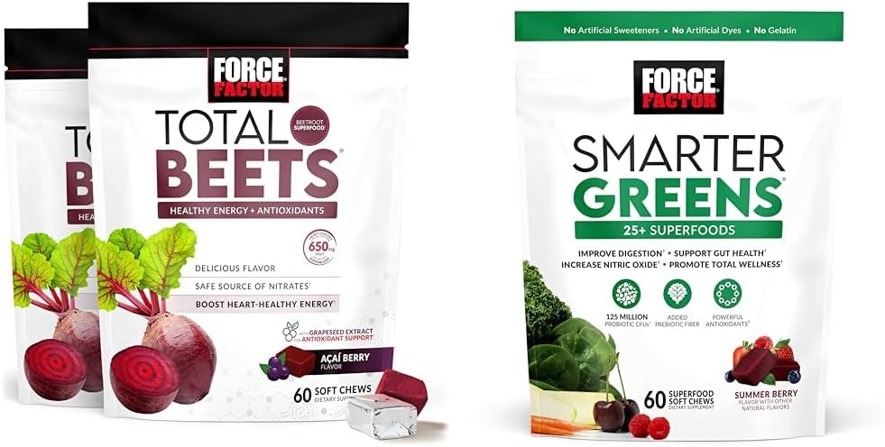 Kraftfaktor Total Beets Soft Chews med Beetroot, Grapeekstrakt, Antioxidanter, Nitrater, L- Citrullin, 120 Greve, 2-Pack og Smarter Green Superfood Chews med 25 + Superfood, Probiotika, Antioxidanter, og Fiber, 60 Greve