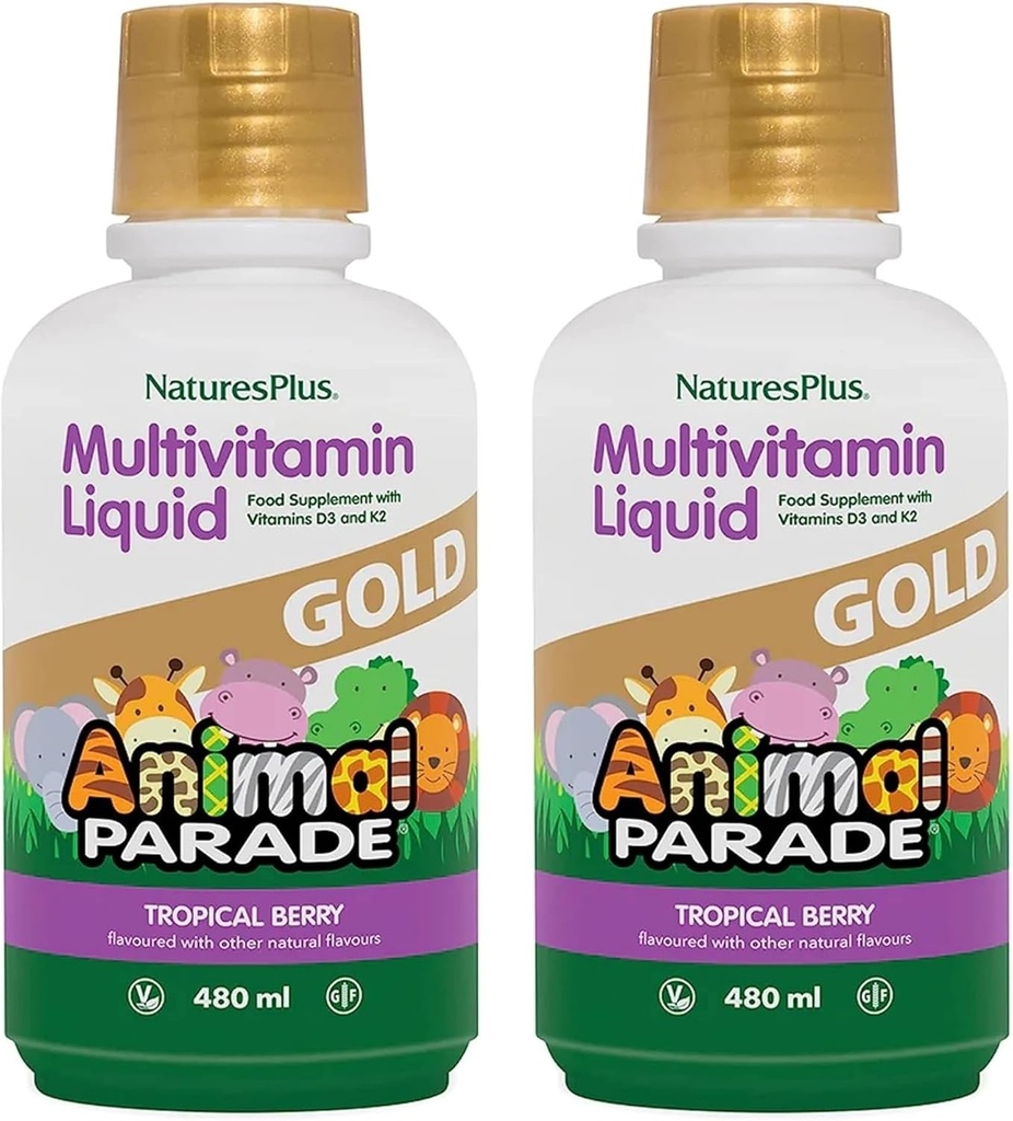 NaturesPlus Animal Parade Gold Children 's Liquid Multivitamin - 16 fl oz, Pack of 2 - Natural Tropical Berry Flavor - Gluten Free, Vegan - 64 Total Servering
