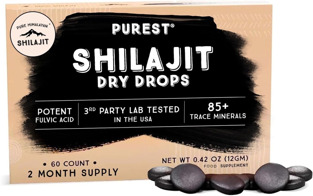 Pure Himalayan Shilajit Dry Drops, 100% Pure Natural Shilajit, Grad A, Max Potence 85 + Clean Trace Minerals & Fulvic Acid for Energy, Metabolisme & Immunforsvar Support Supplement til mænd og kvinder (60 faner)