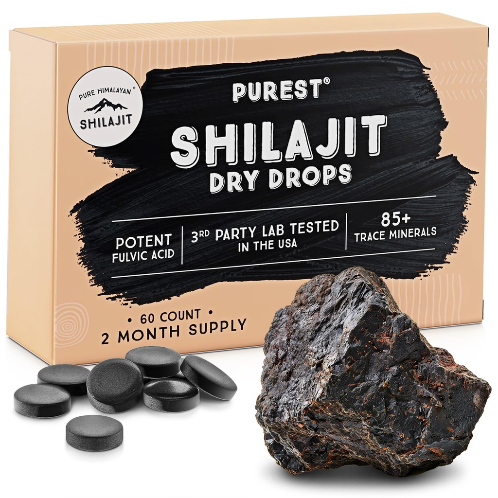 Pure Himalayan Shilajit Dry Drops, 100% Pure Natural Shilajit, Grad A, Max Potence 85 + Clean Trace Minerals & Fulvic Acid for Energy, Metabolisme & Immunforsvar Support Supplement til mænd og kvinder (60 faner)