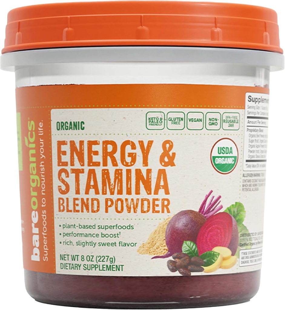 BareOrganics Energy & Stamina Blend Powder, Organic Superfood, Vegan Dietary Supplement, 8 Ounces