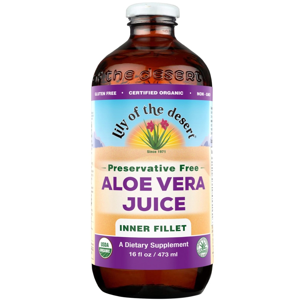 Lily of the Desert Aloe Vera Juice, Inner Fillet Filtered, Organic & Preservative Free – Natural Vitamins, Digestive Enzymes for Gut Health, Glowing Skin & Wellness, 16 Fl Oz
