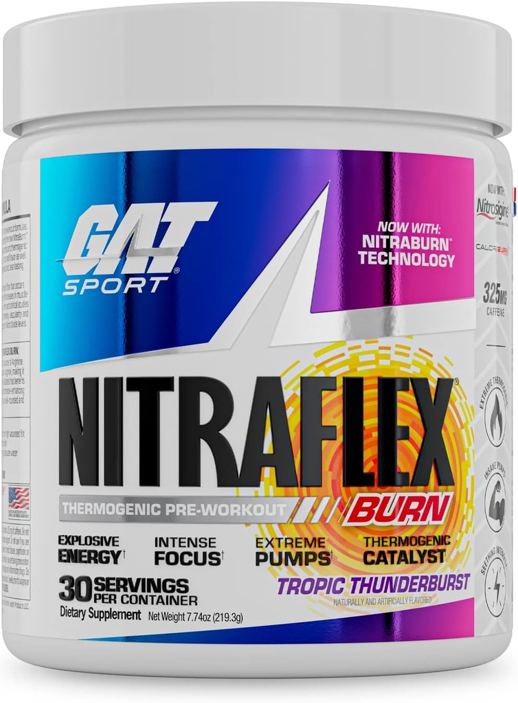 GAT SPORT NITRAFLEX Burn, Pre Workout termogent pulver, Tropic Thunderburst, 30 Servere