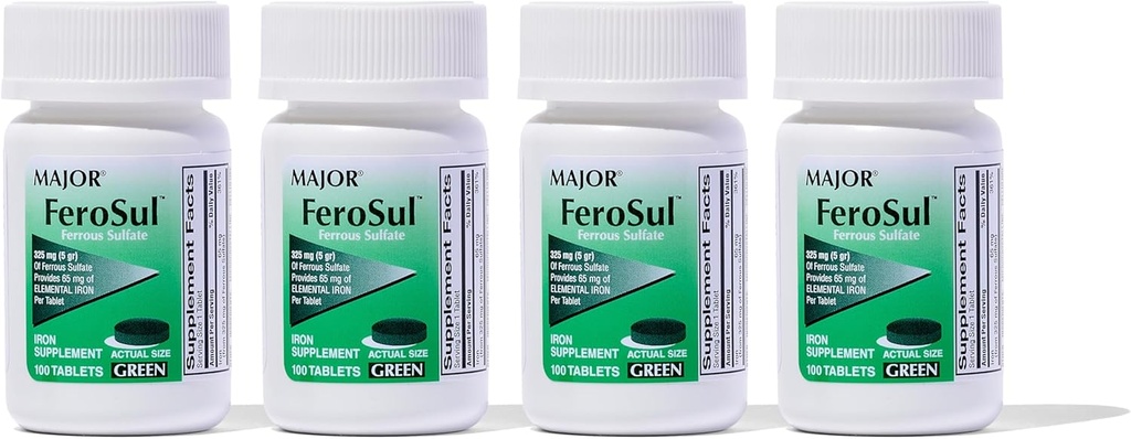 Major Ferosul - Ferrosulfate 325mg tabletter med 65mg elementært jern - jerntilskud til kvinder, mænd - grøn - 100 greve (4 Pack)