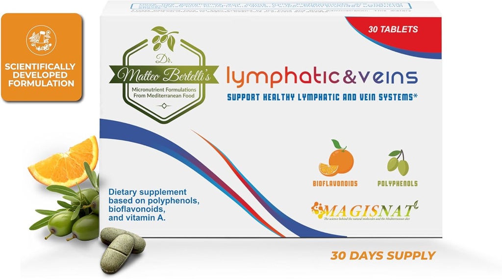 Dr. Matteo Bertelli 's - Lymphetal & Veins 30 tabletter, Lymphetal Drainage Kosttilskud med Hydroxytyrosol, vitamin A, Hesperidin, Citrus Fruit Extract, Spermidin, for Sund Venøs og Lymphetal