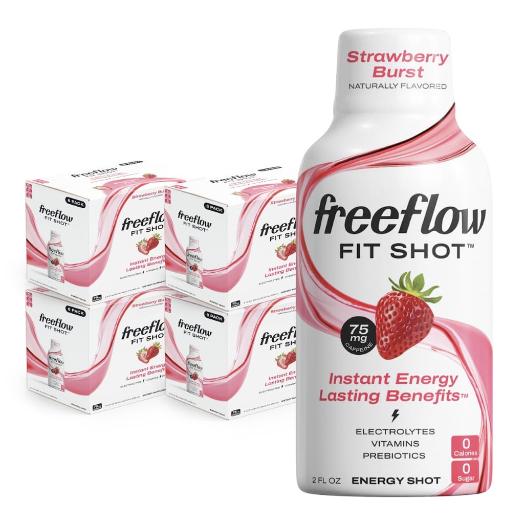 Freeflow Fit Energy Shots, Jordbær Burst, Naturlig Koffein Boost med L-theanin, Ginseng, Vitaminer, Prebiotika, Elektrolyter (24 Greve, 2oz Shots)