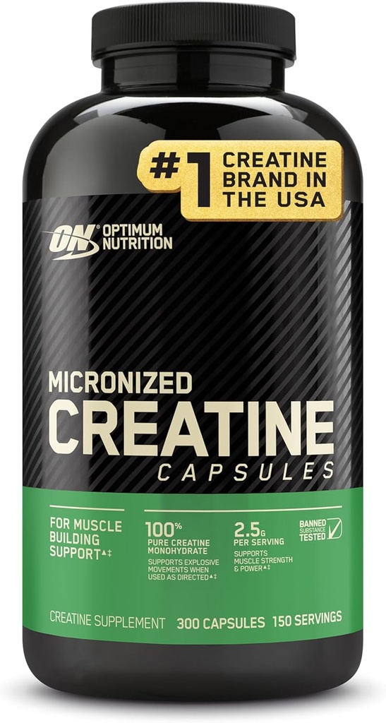 Optimum Nutrition Mikroniseret Creatin monohydrat kapsler, Keto Friendly, 2500mg, 300 kapsler (Emballage May Vary)