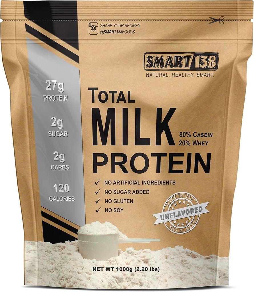 Smart138 Total Milk Protein - 80% Casein 20% Whey - RBST / rBGH Hormone Free, Gluten- Free, Soy- Free, Non- GMO, USA, Keto Low Carb, Natural BCAAs (1000g / 2.2lbs, Unflavored)