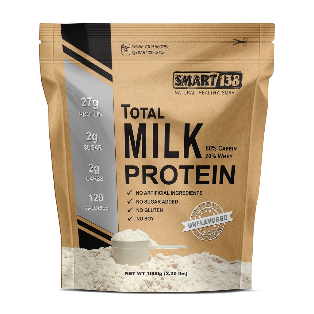 Smart138 Total Milk Protein - 80% Casein 20% Whey - RBST / rBGH Hormone Free, Gluten- Free, Soy- Free, Non- GMO, USA, Keto Low Carb, Natural BCAAs (1000g / 2.2lbs, Unflavored)