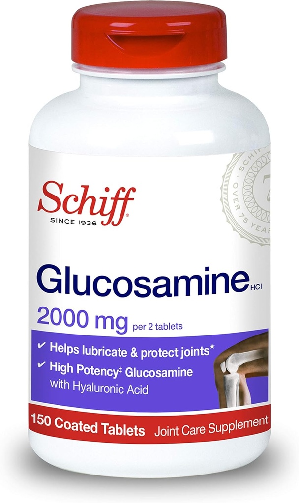 Schiff Glucosamin 2000mg (per servering) + Hyaluronsyre tabletter (150 Tæl i en flaske), fælles pleje supplement, der hjælper med at understøtte fælles mobilitet og fleksibilitet, understøtter strukturen af Cartiage