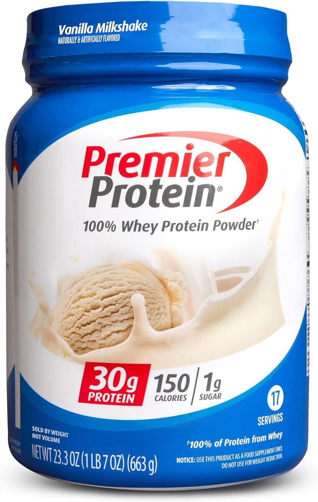 Premier Protein Powder, Vanilla Milkshake, 30g Protein, 1g Sukker, 100% Whey Protein, Keto Friendly, No Soy, Gluten Free, 23.3 oz (17 Servere)