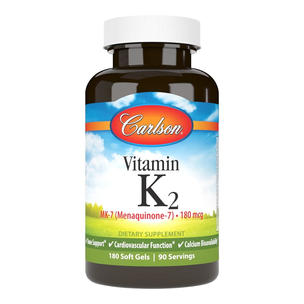 Carlson - Vitamin K2 MK- 7 (Menaquinon), 180 mcg, Bone Support, Calcium Biotilgængelighed, K2 Vitamin, Vitamin K-2, 180 Softgels