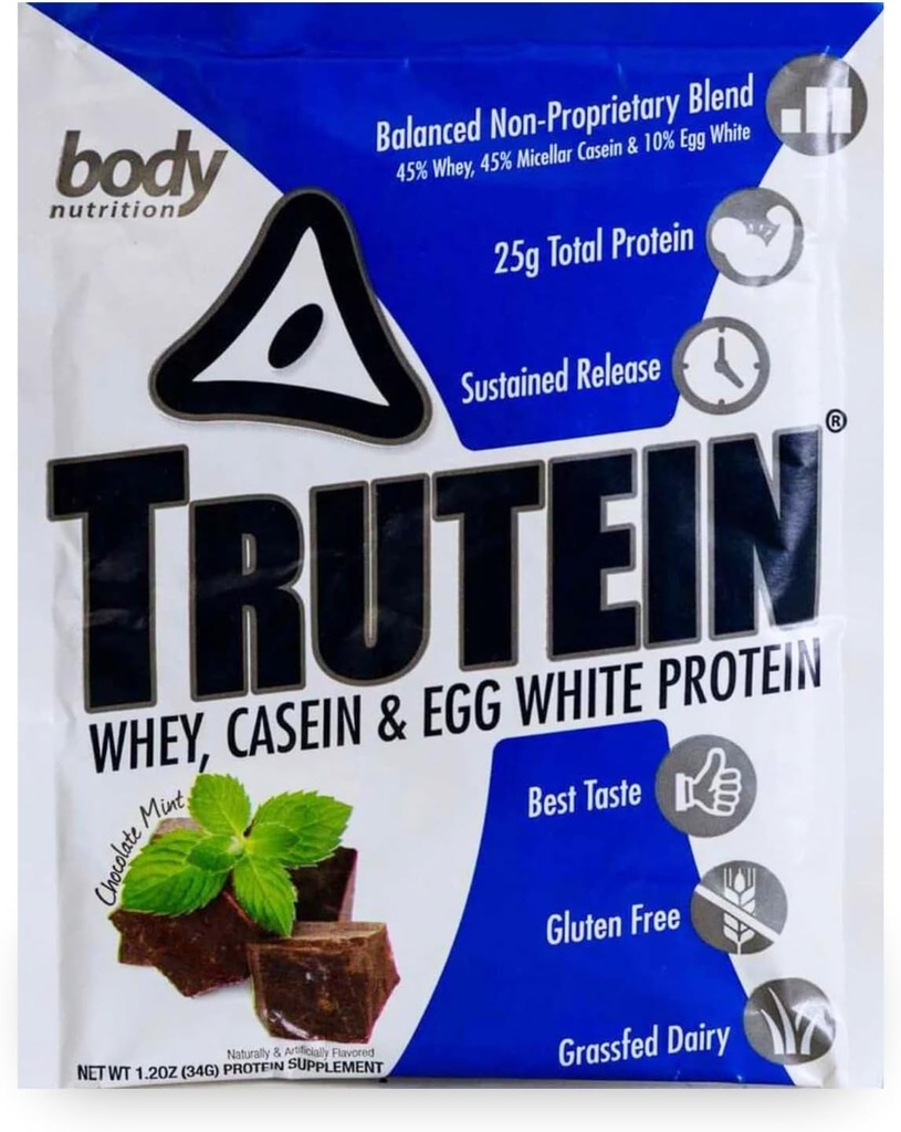 Body Nutrition Trutein High Protein Powder: 45% Whey, 45% Casein, 10% Egg White, Gluten- Free, Lavnatrium, Grass Fed Whey Protein Powder, Gym Supplement & Breakfast Shake, Chokolade Mint, 34g Prøven