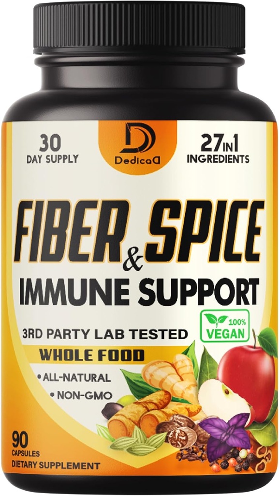 27in1 Fiber og Spice Supplement - Kombineret med Økologisk Psyllium, Hele Apple, Elderberry & Mere - Support Mood, Body & Immunity - 90 kapsler til 1 måned