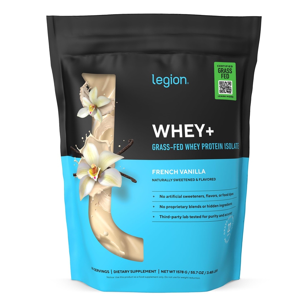 LEGION Whey + Protein Whey Isolate from Grass Fed Cows - Whey Protein Isolate Powder Low Calorie, Non- GMO, Sugar Free, Lactose and Gluten Free, All Natural Protein Powder for Men & Women (60 Servere)