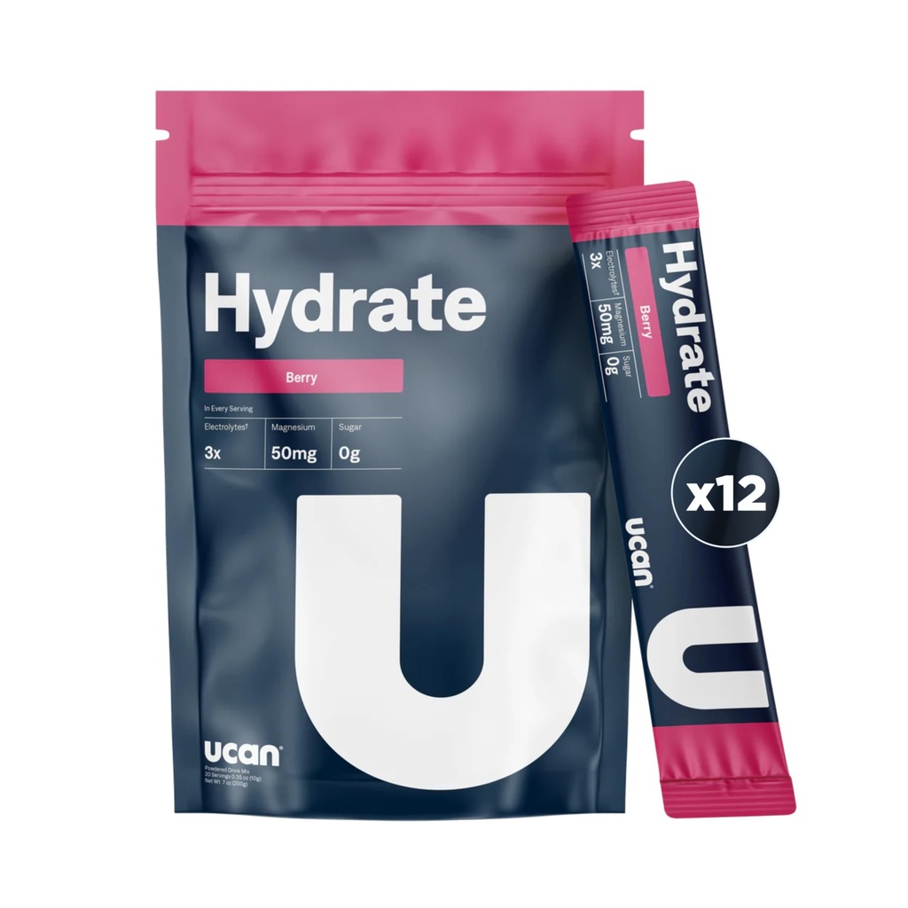 UCAN Hydrate Electrolyte Drink Mix (Berry, 12 Stickpacks) Sugar- Free, Keto- Friendly, Vegan, Non- GMO, Gluten- Free Electrolyte Powder med kalium & Magnesium til løbere og atleter