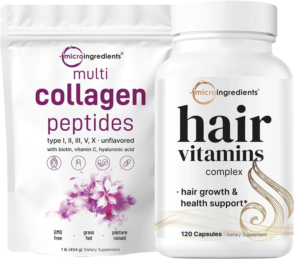 Micro Ingredients Multi Collagen Protein Powder 16oz & Hår Vitaminer Complex Kapsler Bundle 2 Pack 124; Grass- Fed Collagen Peptider Mex124; 14- in-1 Avanceret hårvækst Support