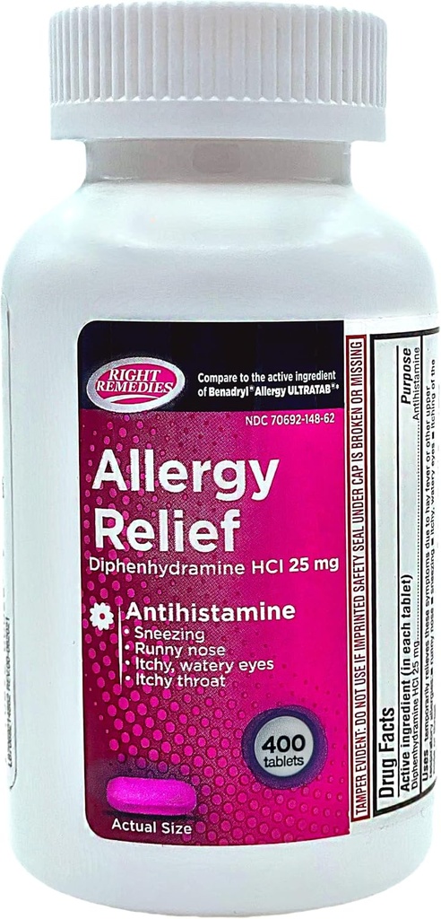 Allergi Relief Antihistamin, Diphenhydramin HCl 25mg, Generisk Ultratabs, Relieves Seasonal Indoor eller udendørs øvre luftveje, 400 Tæl